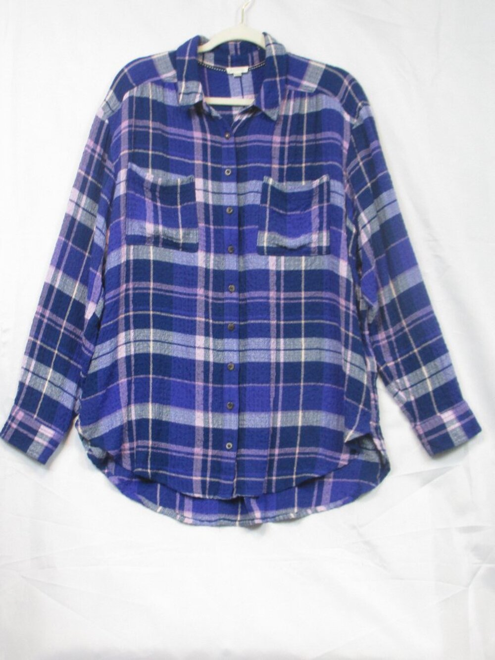 Pilcro The Hadley Relaxed Button Down Shirt Blue Pink Plaid Long Sleeve Gauze L